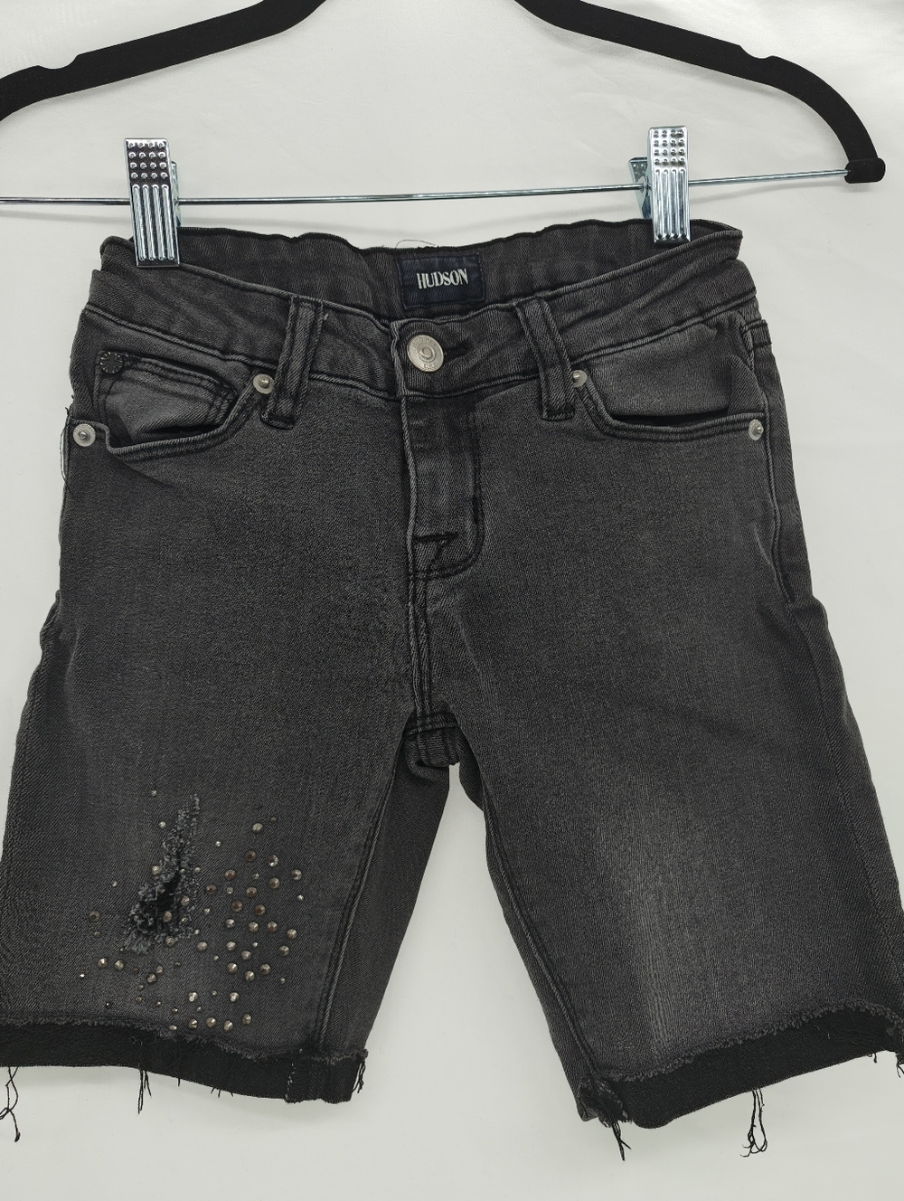 Hudson Jeans Kids Charcoal Black Distressed Denim Shorts with Studs